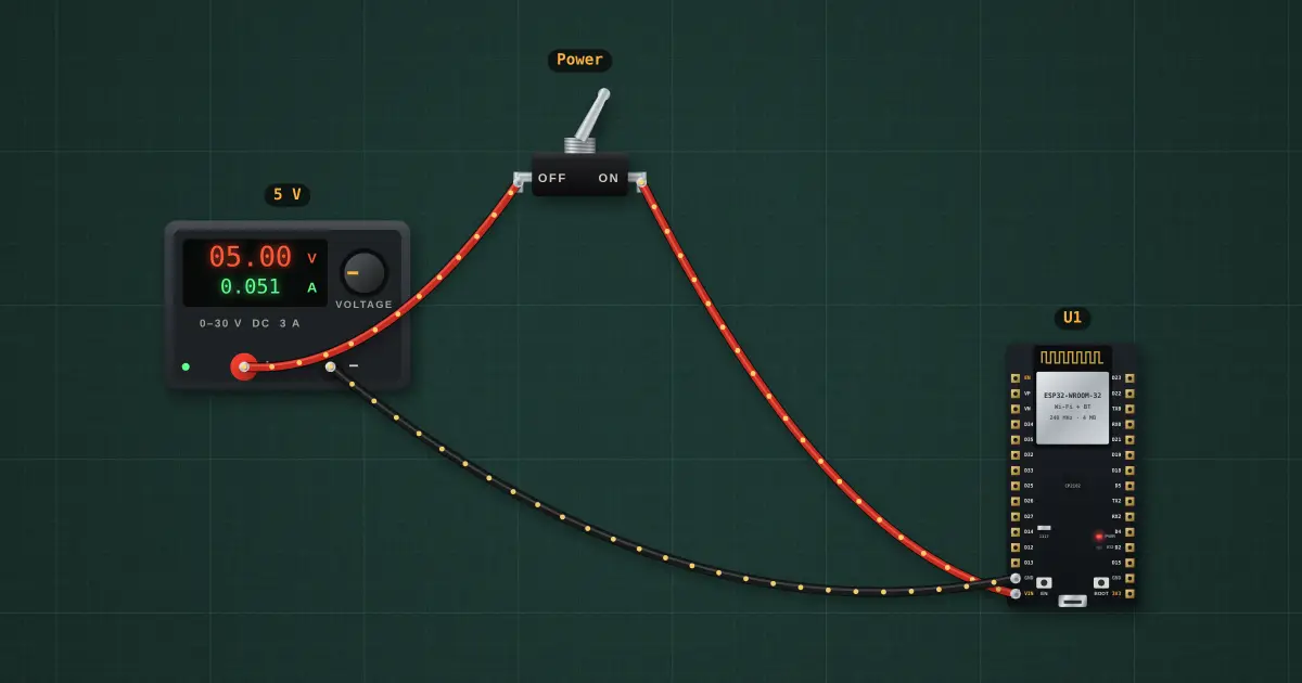 Settings that survive a reset (NVS): the circuit on the simulator's bench