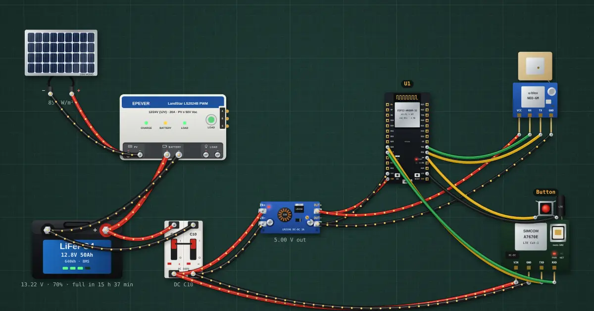 Send an SMS with the A7670 LTE module: the circuit on the simulator's bench