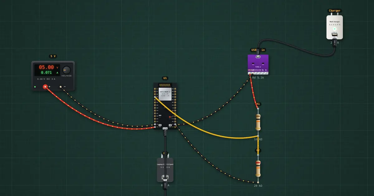 Detecting USB plug-in with an ESP32: the circuit on the simulator's bench