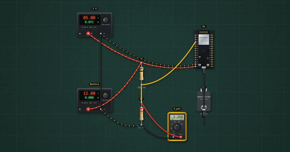 Monitoring a supply rail with the ADC: the circuit on the simulator's bench