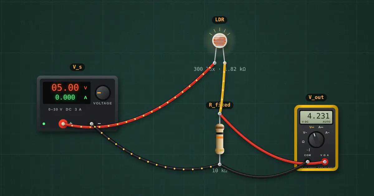 Light sensor (LDR divider): the circuit on the simulator's bench