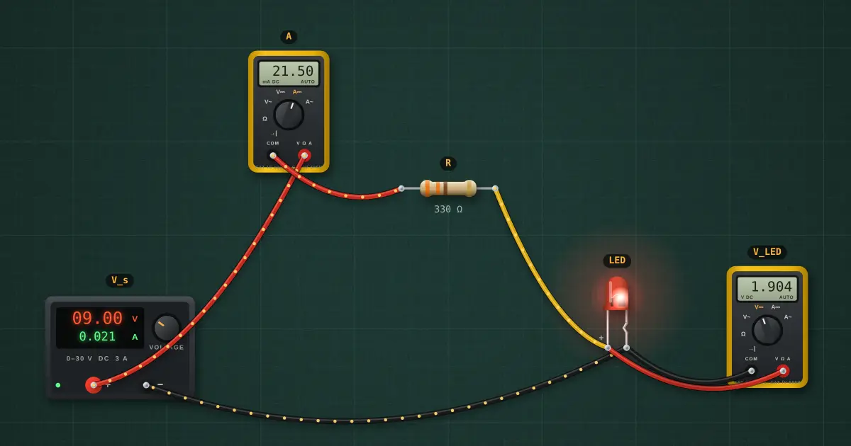 LED and its series resistor: the circuit on the simulator's bench