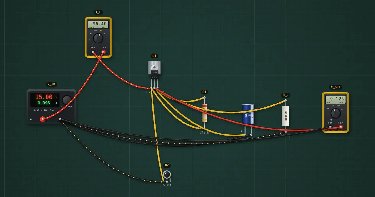 LM317 adjustable regulator: the circuit on the simulator's bench