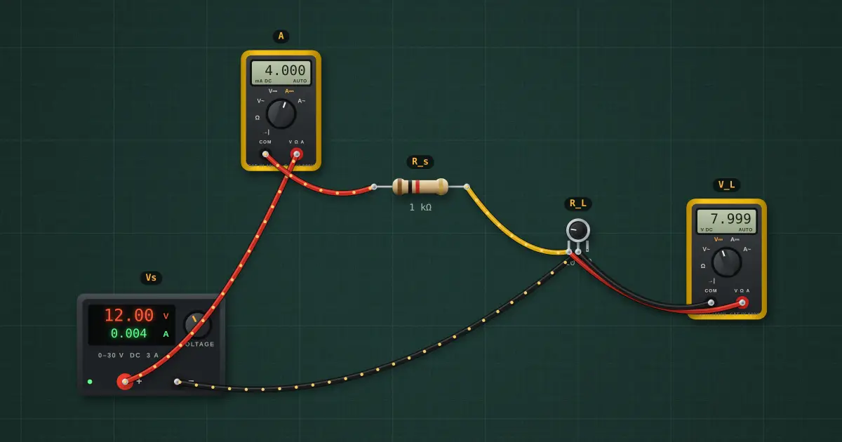 Maximum power transfer: the circuit on the simulator's bench