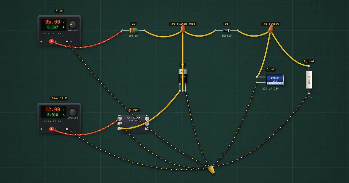 Boost converter from parts: the circuit on the simulator's bench