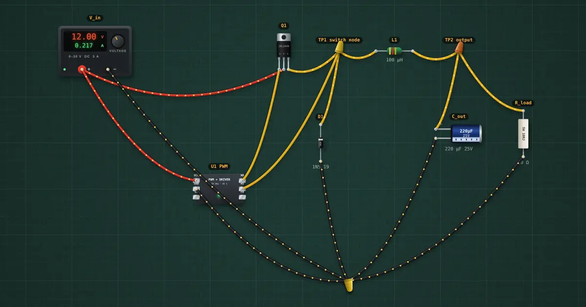 Buck converter from parts: the circuit on the simulator's bench