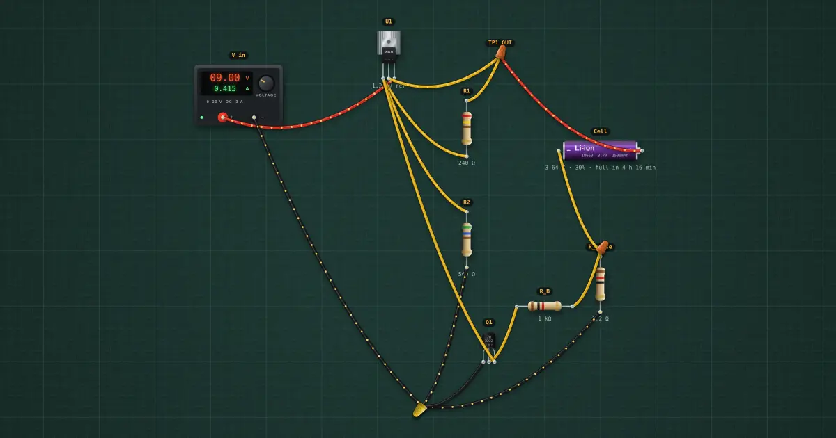 Li-ion CC/CV charger from an LM317: the circuit on the simulator's bench