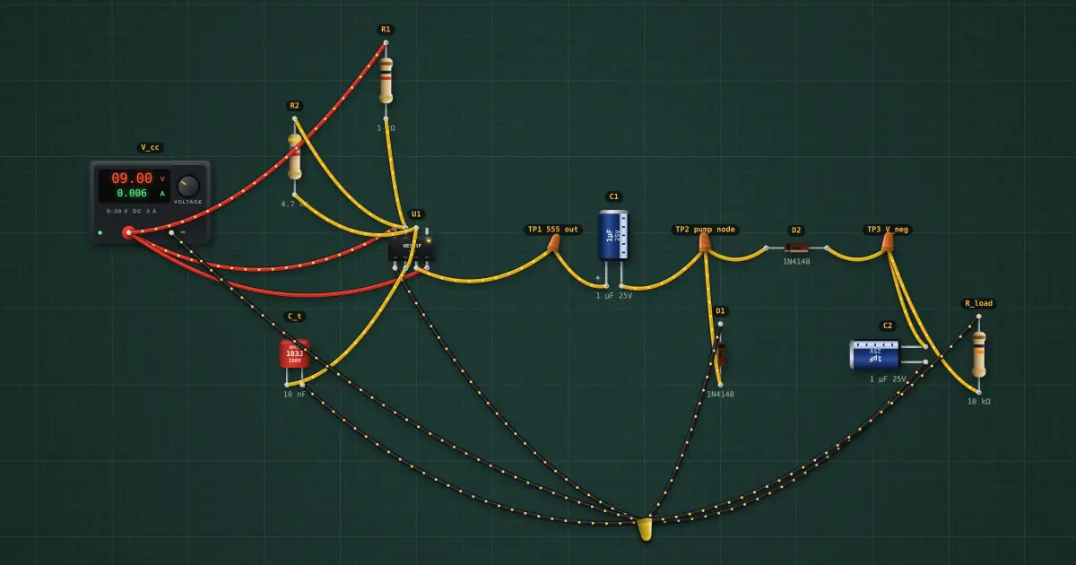 Charge-pump inverter: a negative rail: the circuit on the simulator's bench