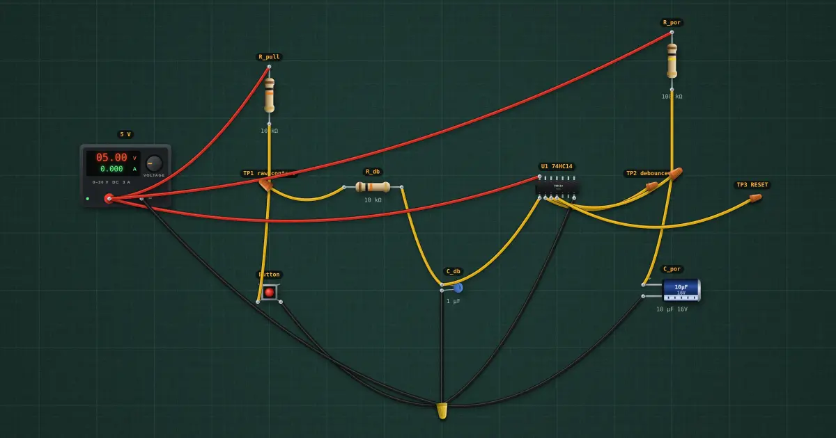 Hardware debounce and power-on reset: the circuit on the simulator's bench