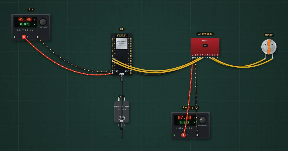 H-bridge: PWM speed, direction and braking: the circuit on the simulator's bench