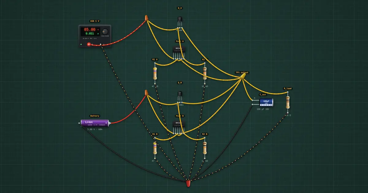 Ideal-diode OR-ing: USB plus battery: the circuit on the simulator's bench