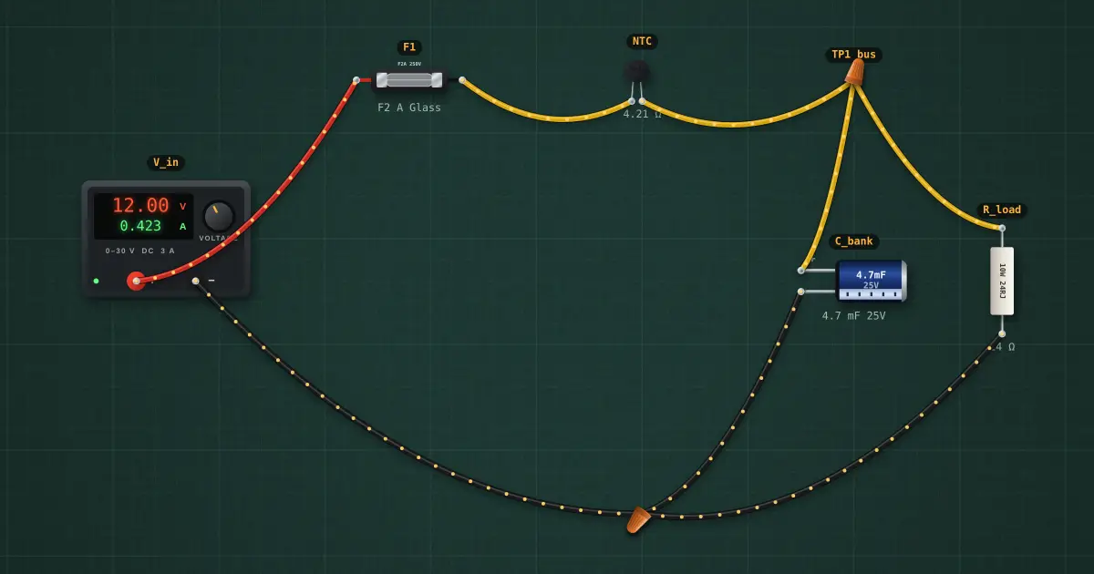 Inrush limiting with an NTC: the circuit on the simulator's bench