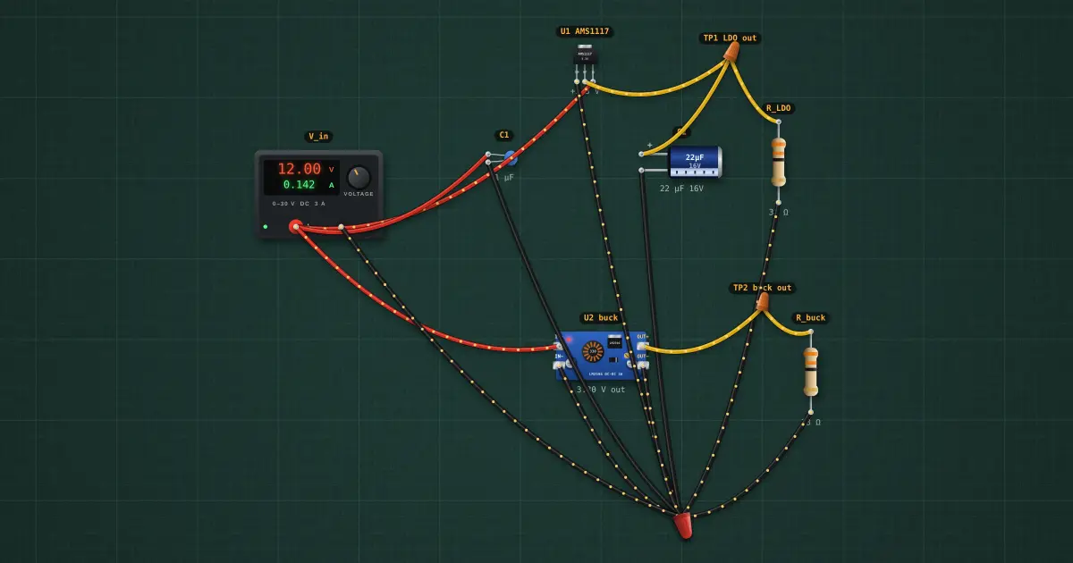 LDO vs buck: choosing a 3.3 V rail: the circuit on the simulator's bench