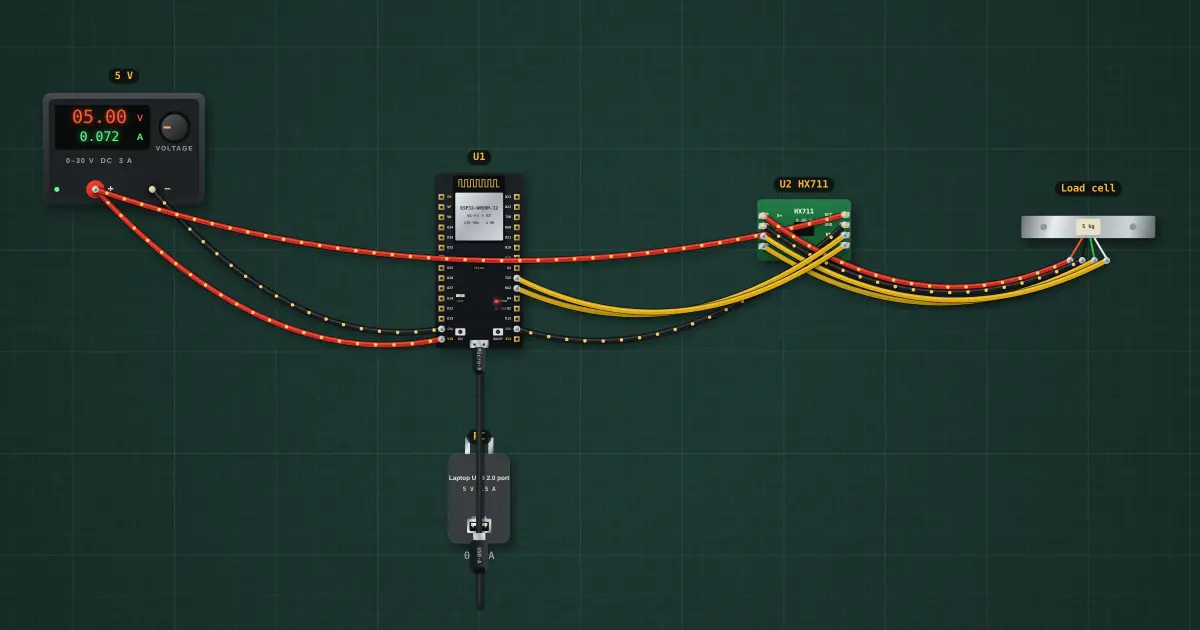 Load-cell scale front end: the circuit on the simulator's bench