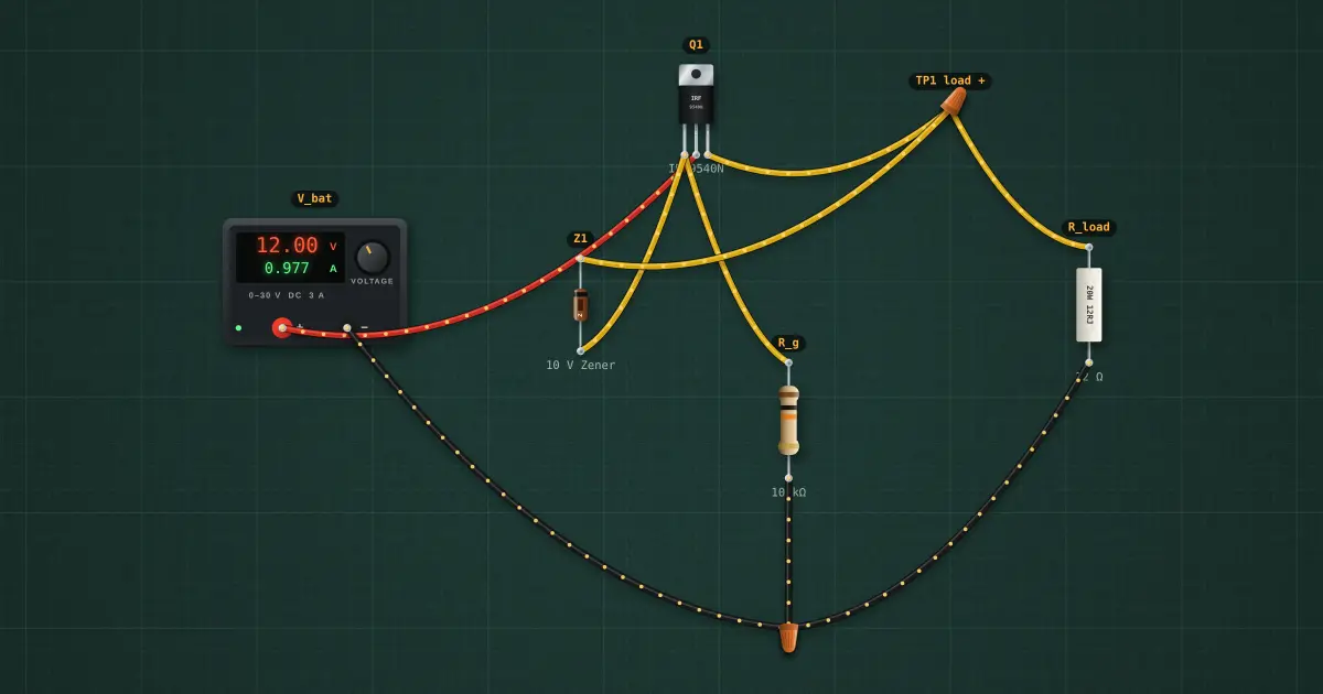 Reverse-polarity protection with a P-MOSFET: the circuit on the simulator's bench