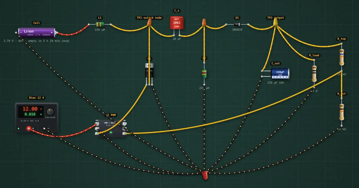 SEPIC: output above and below the input: the circuit on the simulator's bench