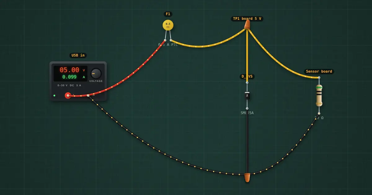 TVS, polyfuse and protection front end: the circuit on the simulator's bench