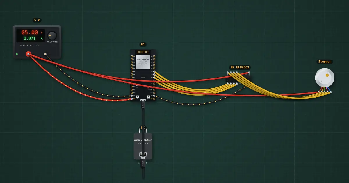 ULN2003 driver array for a stepper: the circuit on the simulator's bench