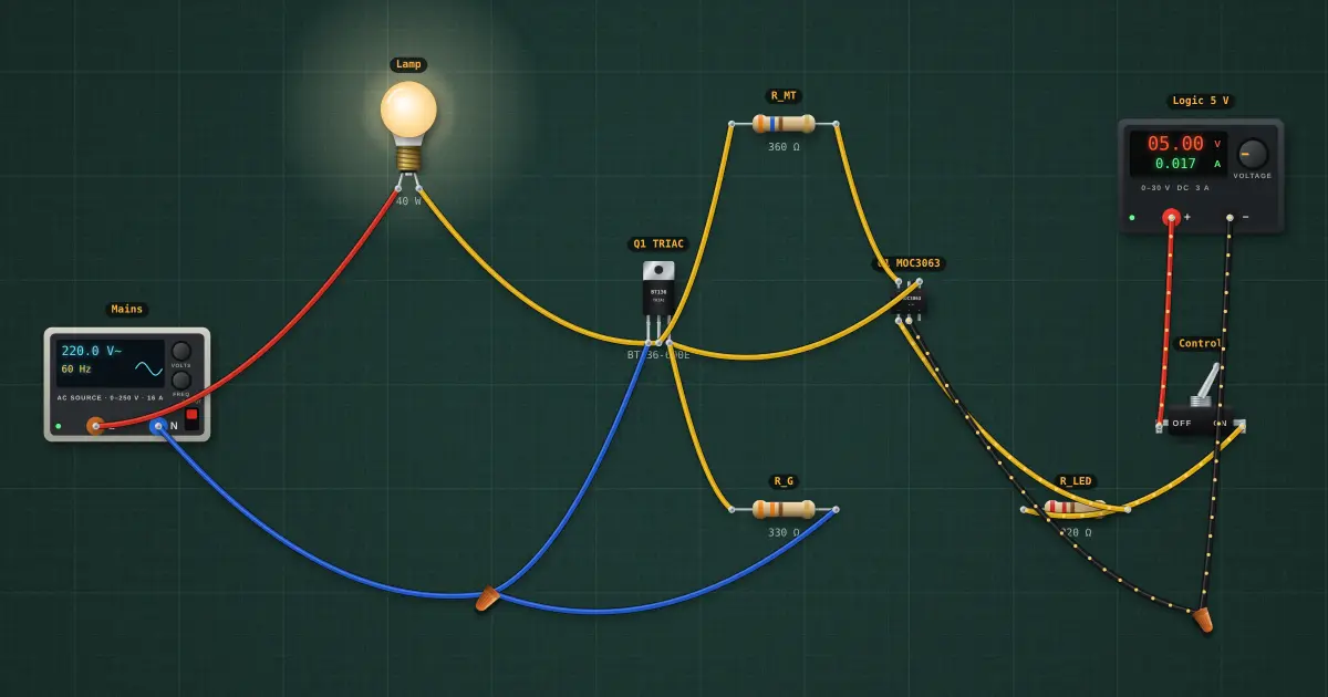 Opto-isolated mains switching (zero-cross SSR): the circuit on the simulator's bench