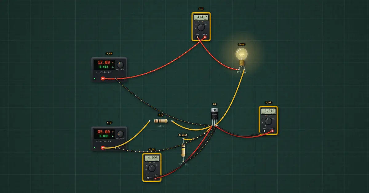 MOSFET low-side switch: the circuit on the simulator's bench