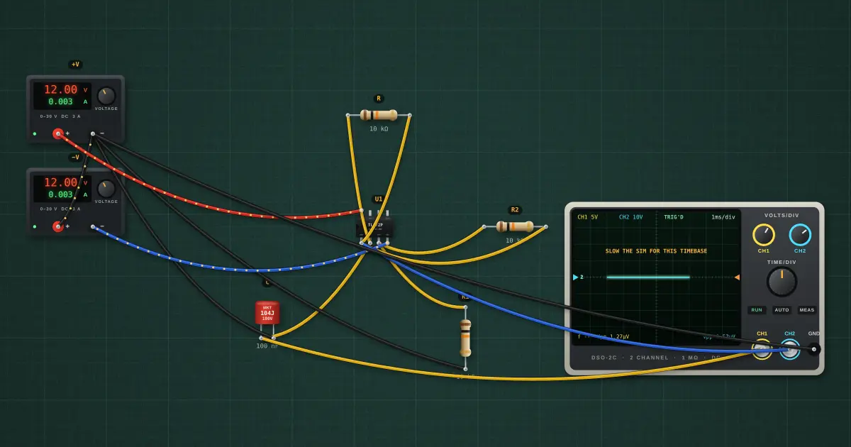 Op-amp relaxation oscillator: the circuit on the simulator's bench