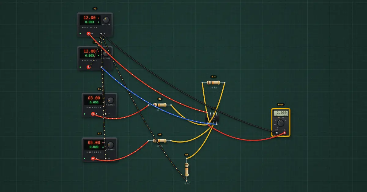 Difference amplifier: the circuit on the simulator's bench