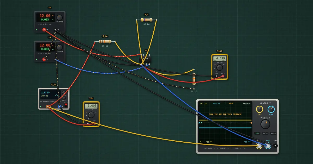 Inverting amplifier: the circuit on the simulator's bench