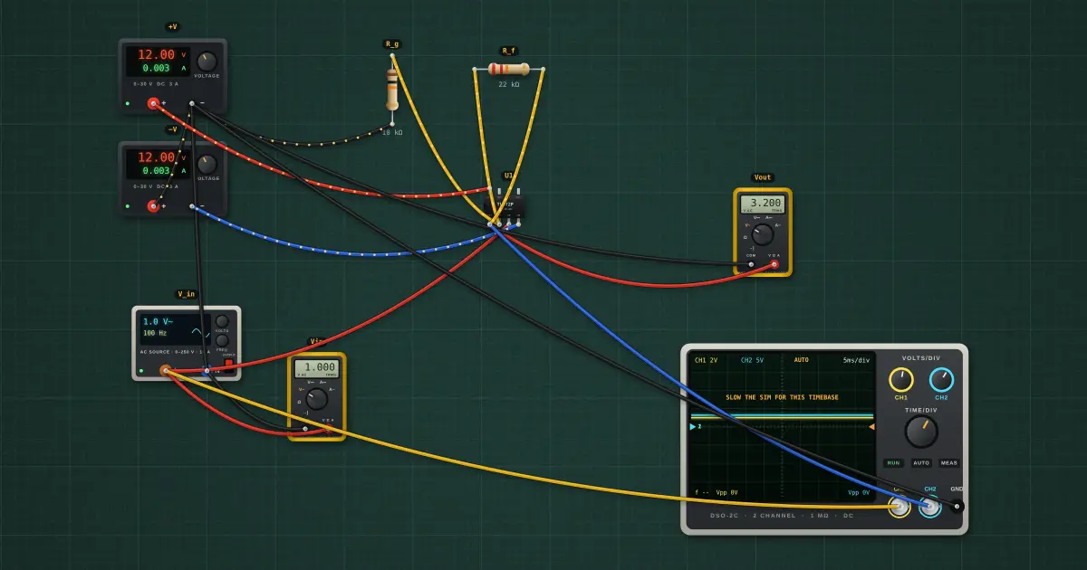 Non-inverting amplifier: the circuit on the simulator's bench