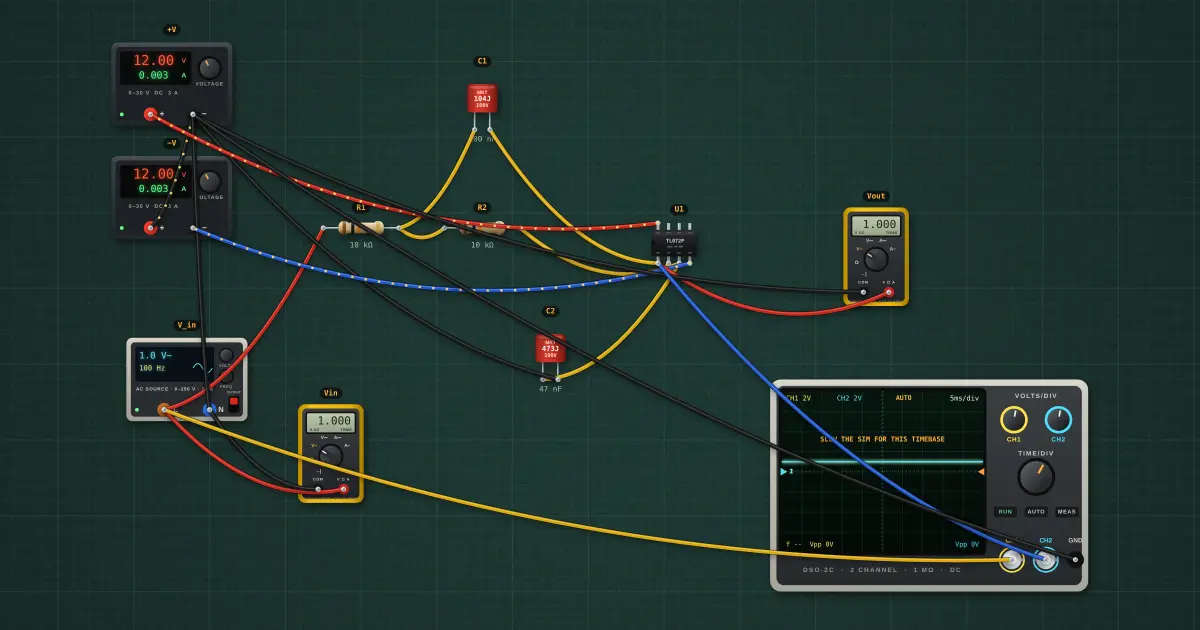 Sallen–Key low-pass filter: the circuit on the simulator's bench