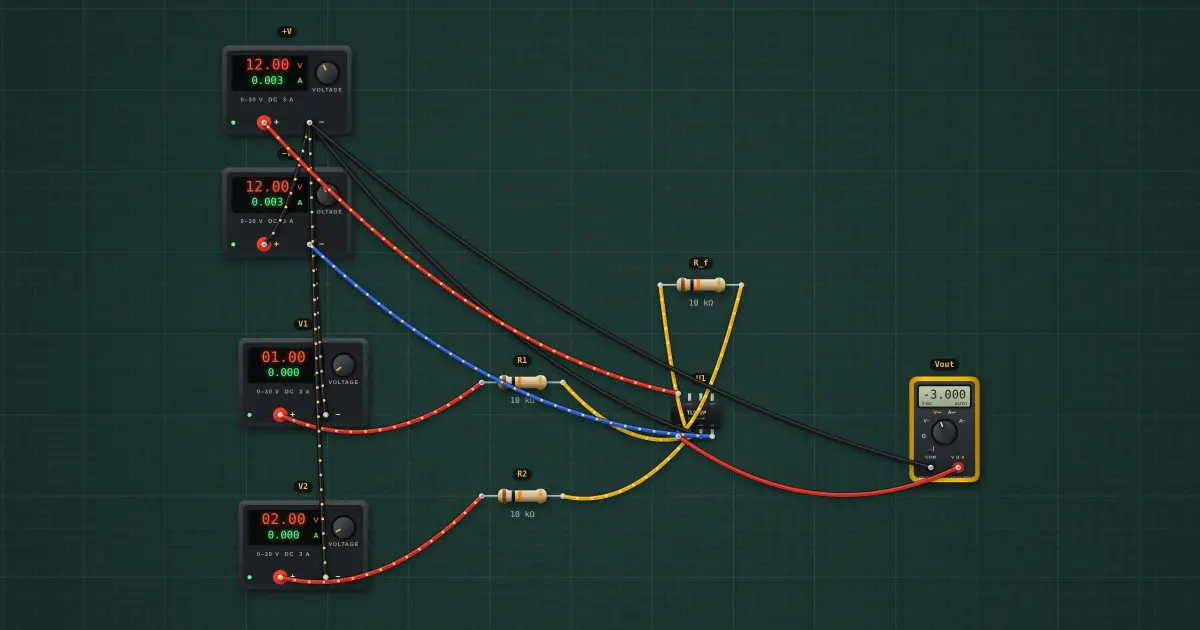 Summing amplifier: the circuit on the simulator's bench