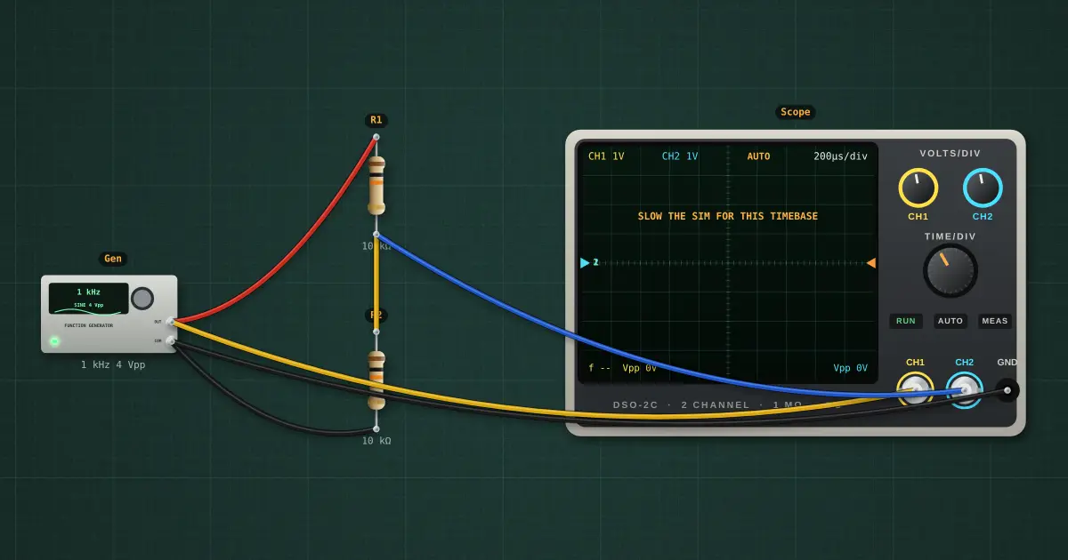 Using an oscilloscope: the circuit on the simulator's bench