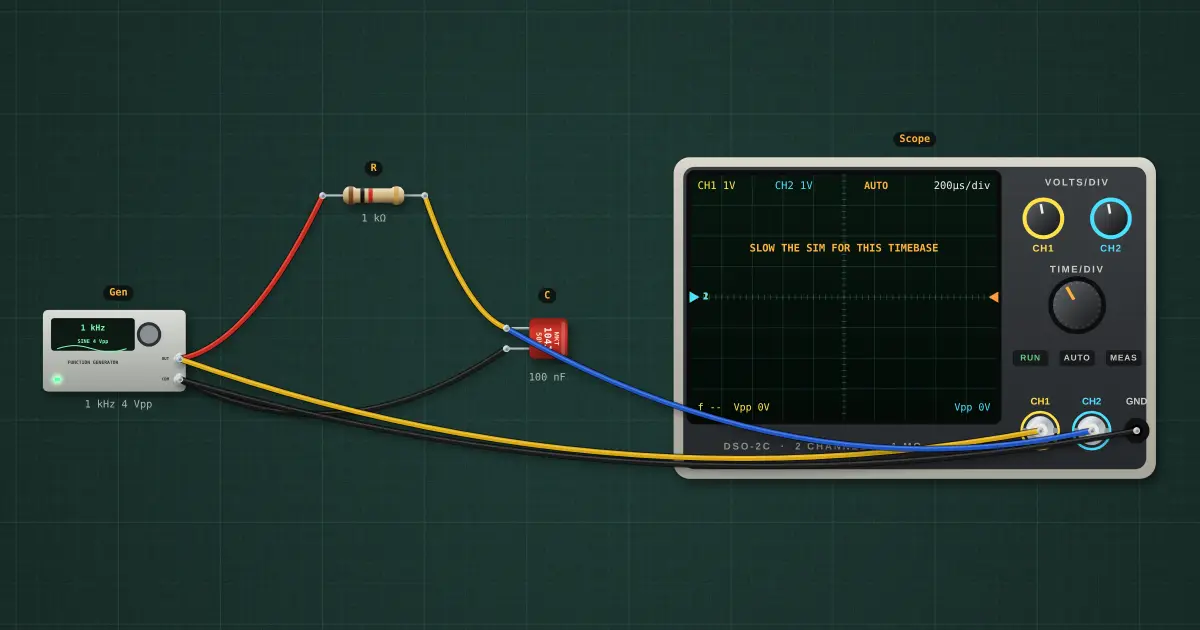 Oscilloscope: comparing two signals: the circuit on the simulator's bench