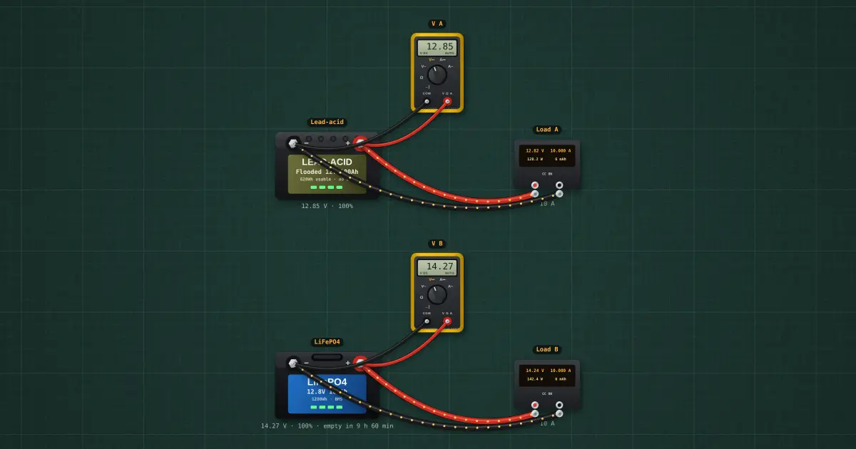 Lead-acid against LiFePO4: usable capacity, voltage and life: the circuit on the simulator's bench