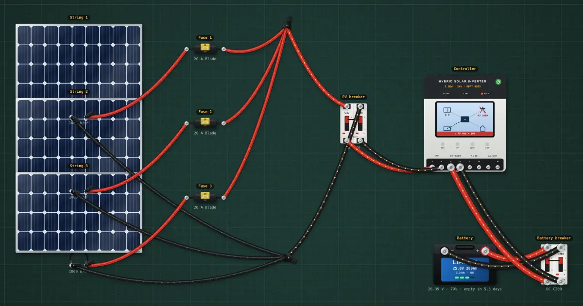 Wiring, fuses and breakers for an array: the 1.25 and 1.56 rules: the circuit on the simulator's bench