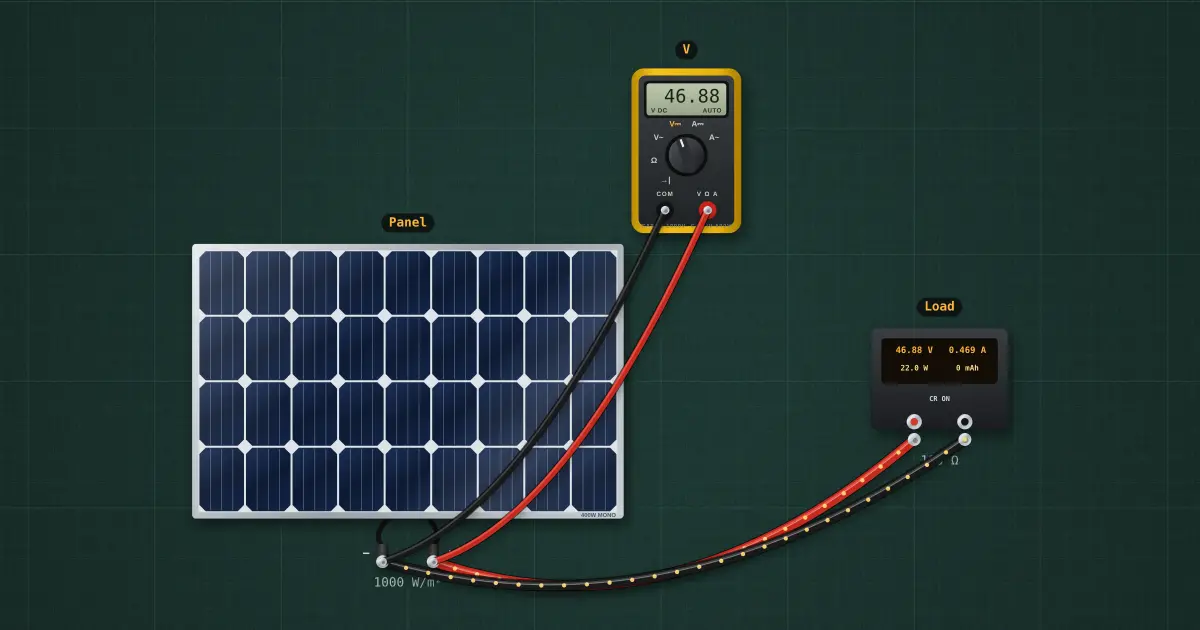 Cold mornings raise Voc; hot noons cut power: the circuit on the simulator's bench