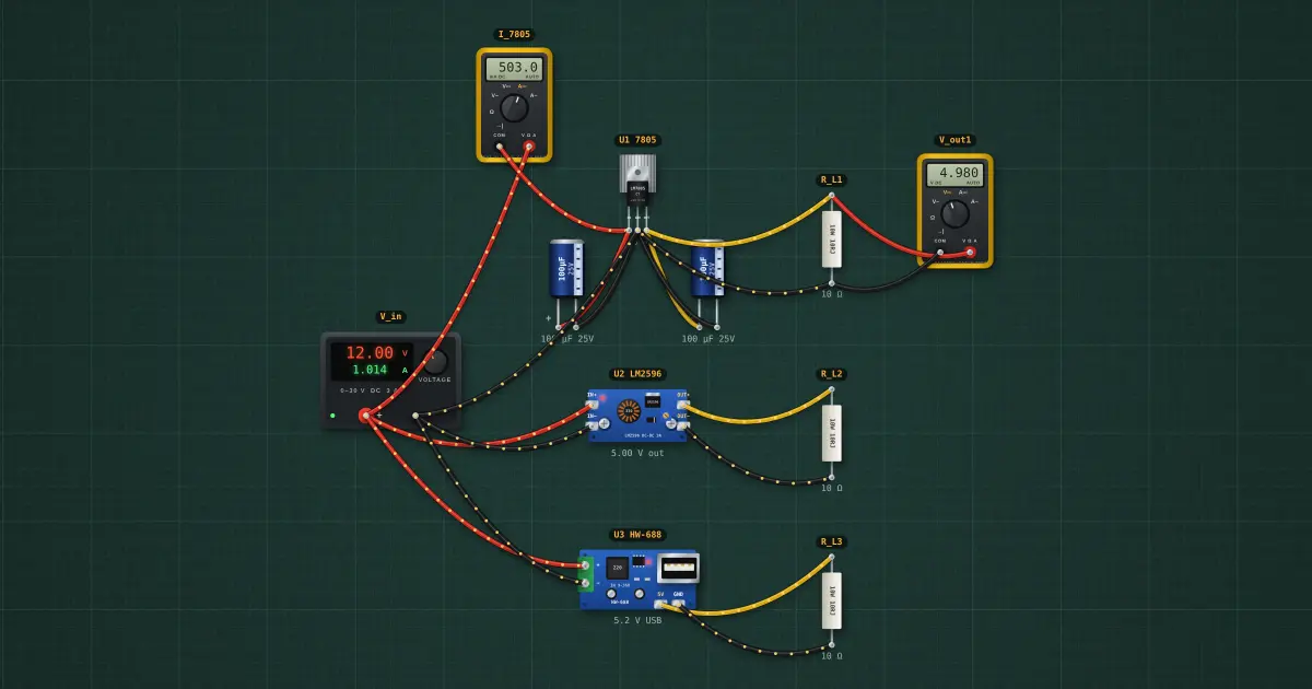 12 V → 5 V regulators: the circuit on the simulator's bench