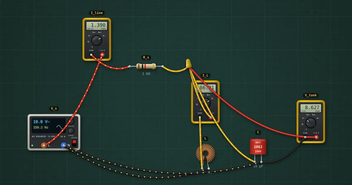 RLC parallel circuit: the circuit on the simulator's bench
