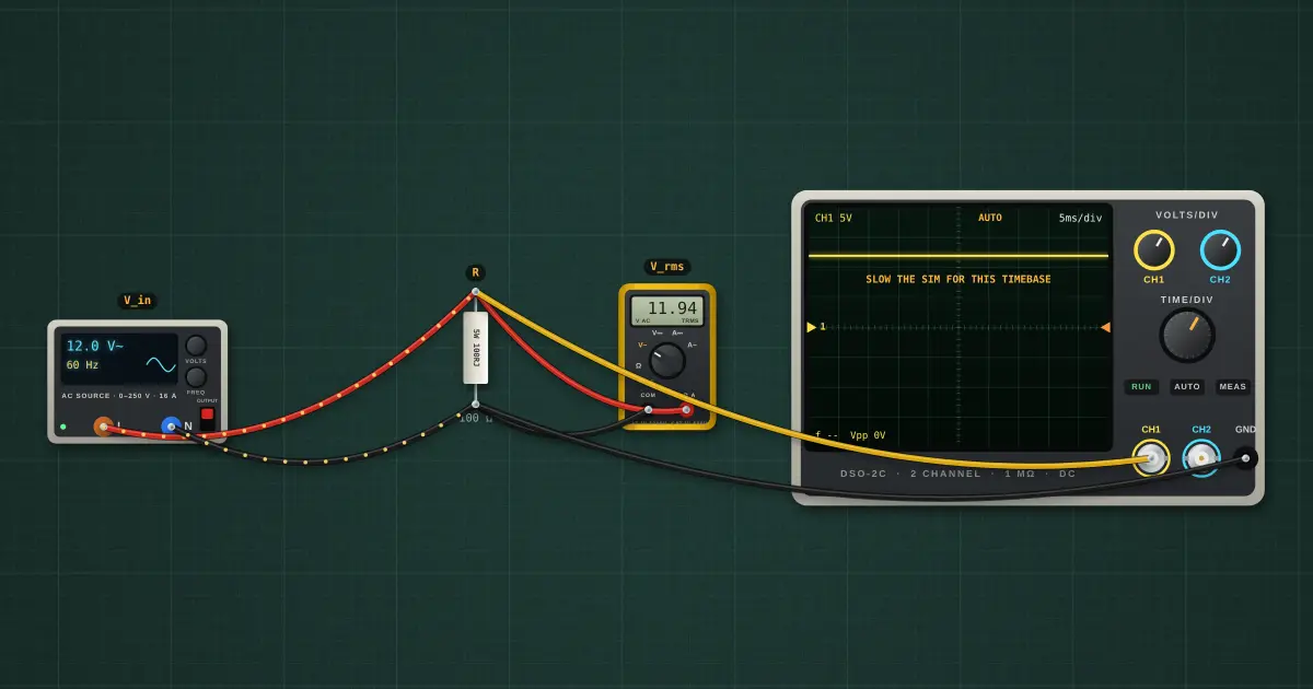 Peak, peak-to-peak and RMS: the circuit on the simulator's bench
