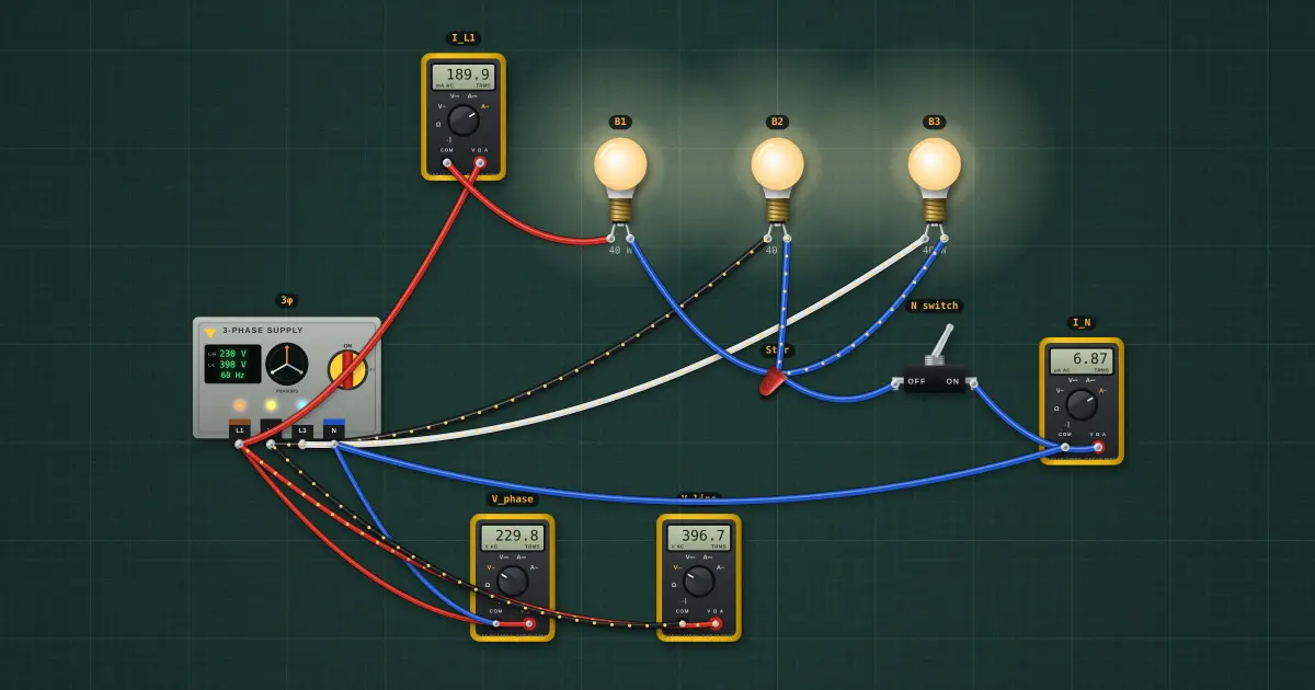 Three-phase star (Y): the circuit on the simulator's bench