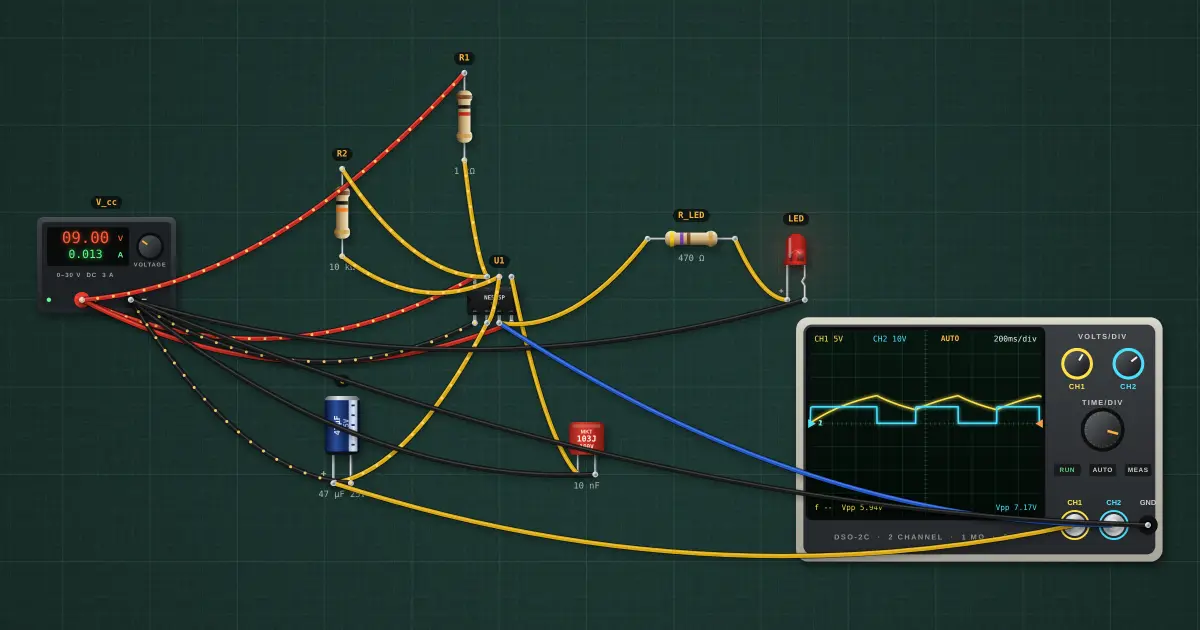 555 astable (LED flasher): the circuit on the simulator's bench