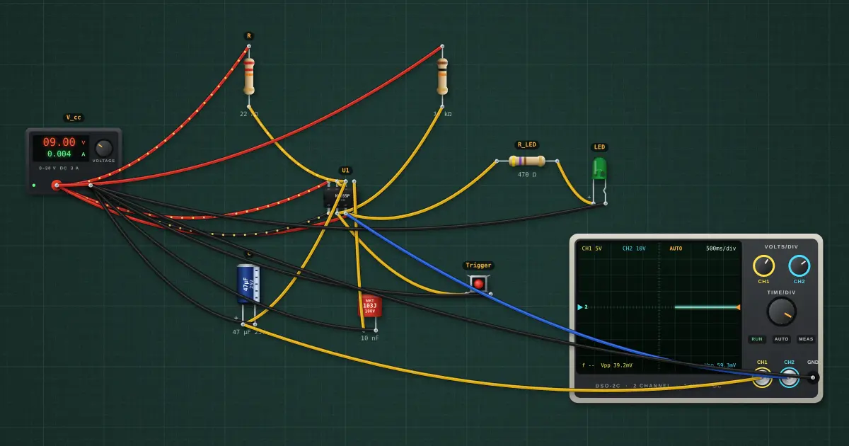 555 monostable (one-shot timer): the circuit on the simulator's bench
