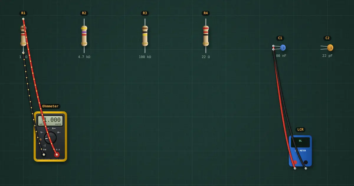 Reading colour codes and markings: the circuit on the simulator's bench
