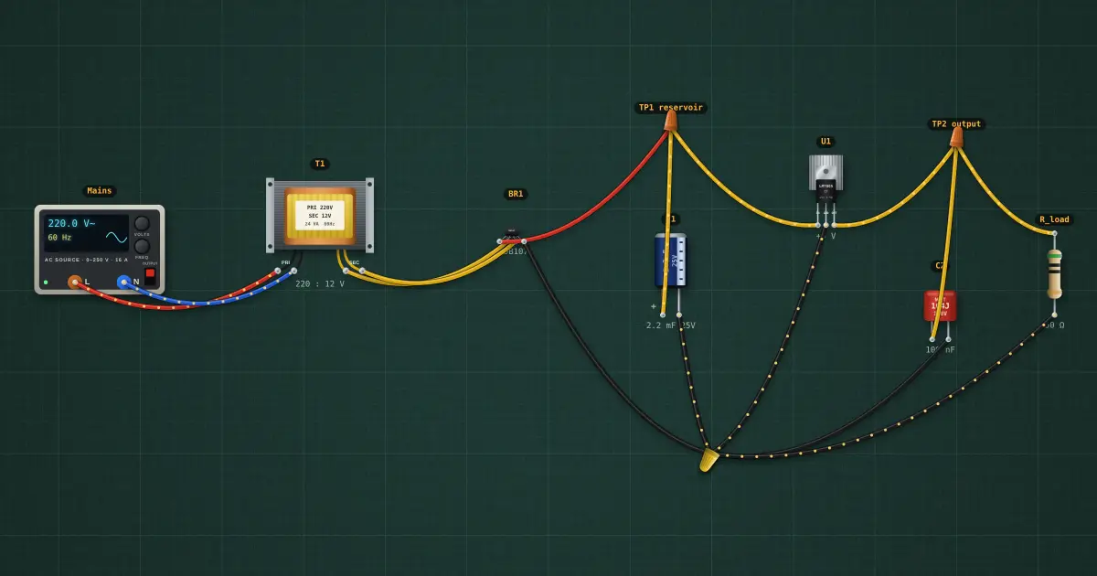Fault-finding a linear supply: the circuit on the simulator's bench