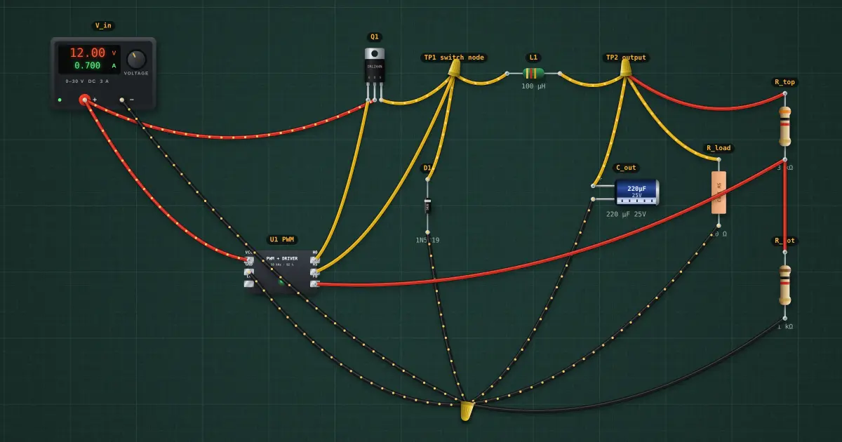 Fault-finding a switch-mode output: the circuit on the simulator's bench