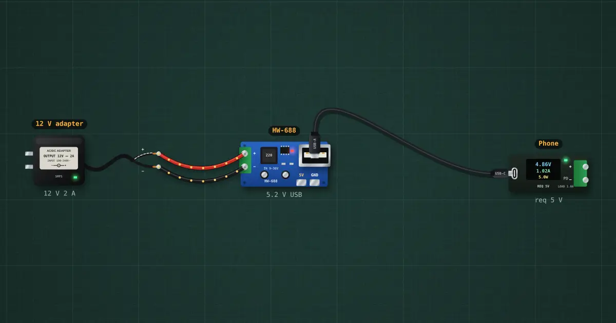 Charging a phone from 12 V with an HW-688: the circuit on the simulator's bench