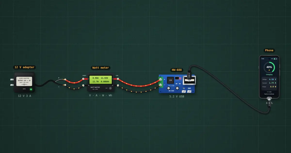 Phone charging: volts, amps and watts: the circuit on the simulator's bench