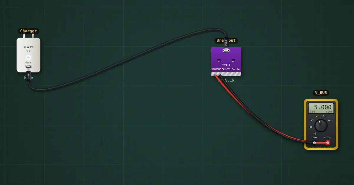 USB-C attach detection (CC, Rp and Rd): the circuit on the simulator's bench