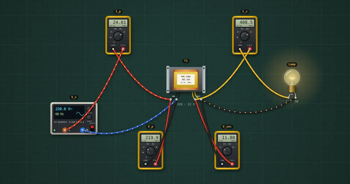Basic transformer: the circuit on the simulator's bench