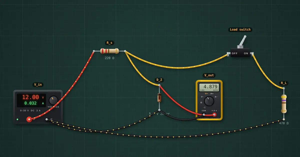 Zener shunt regulator: the circuit on the simulator's bench