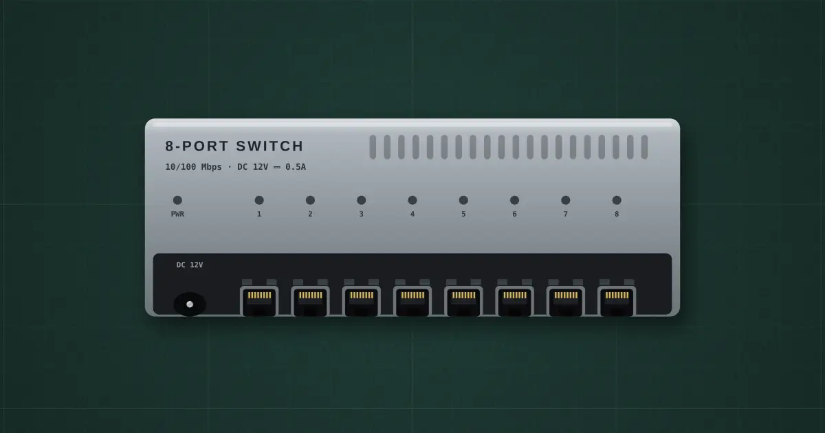 8-port network switch (RJ45) on the simulator's bench